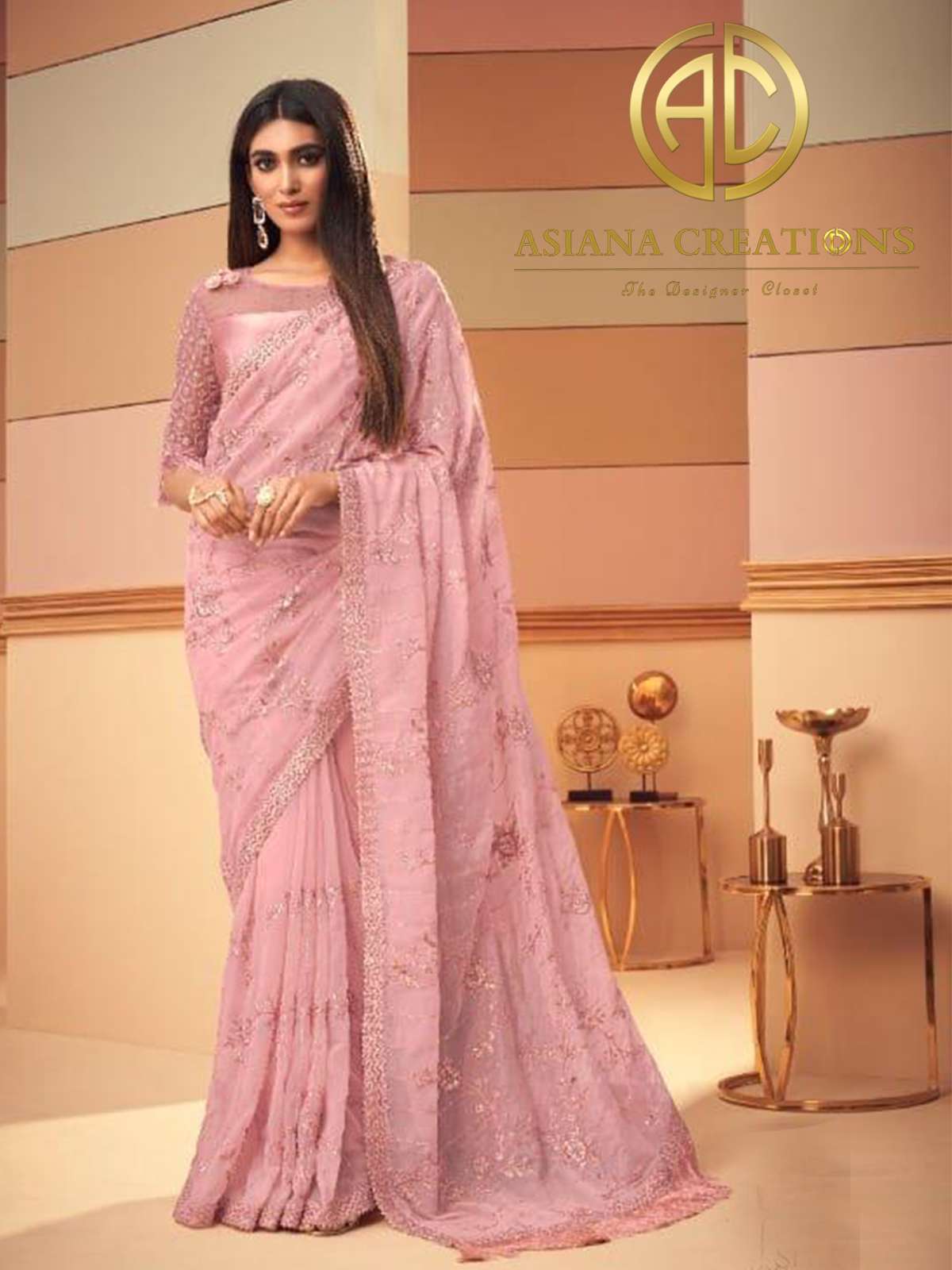 Glass Silk Pink Embroidered Party Wear Saree-2399