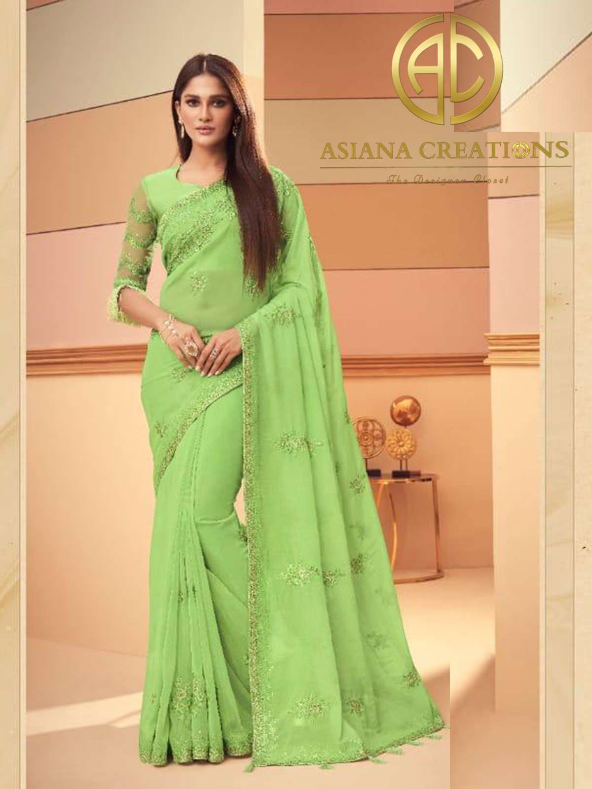Glass Silk Green Embroidered Party Wear Saree-2400