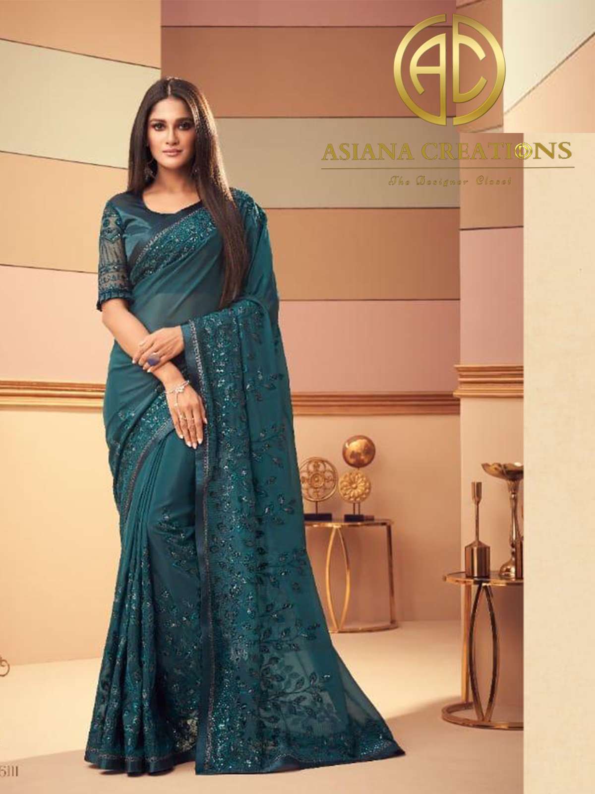Glass Silk Teal Blue Embroidered Party Wear Saree-2401