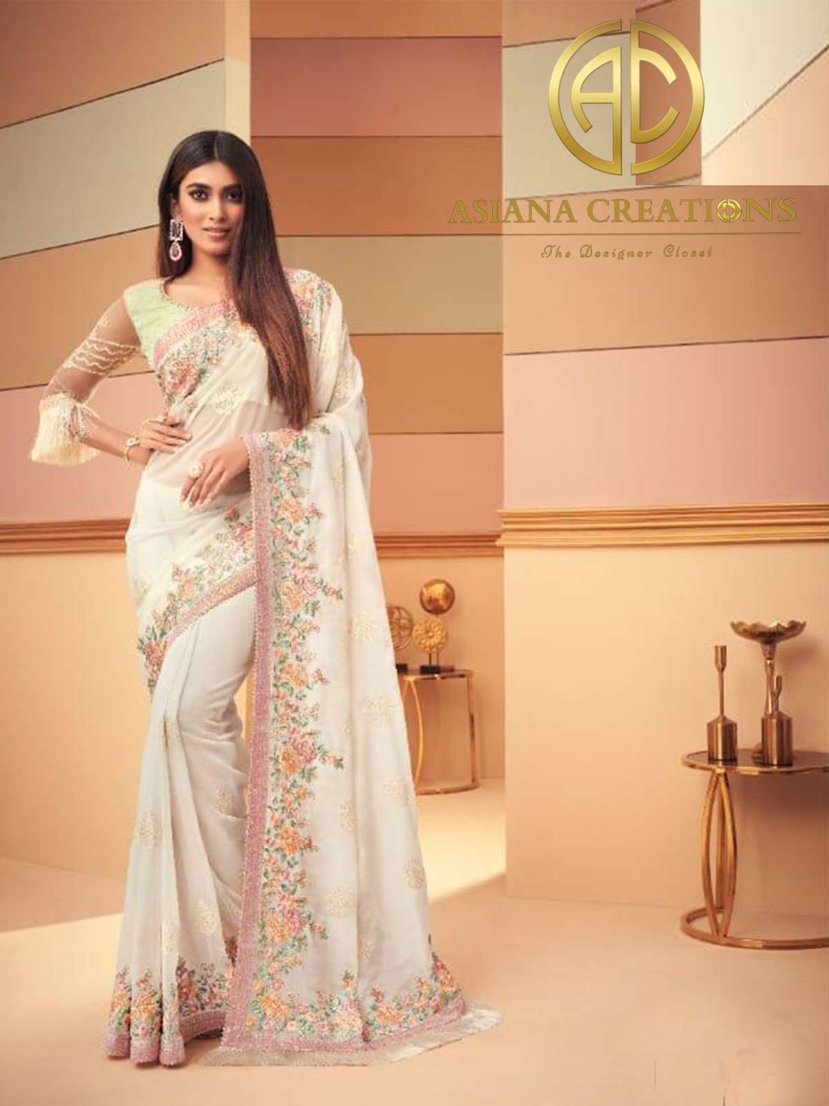 Glass Silk Off White Embroidered Party Wear Saree-2402