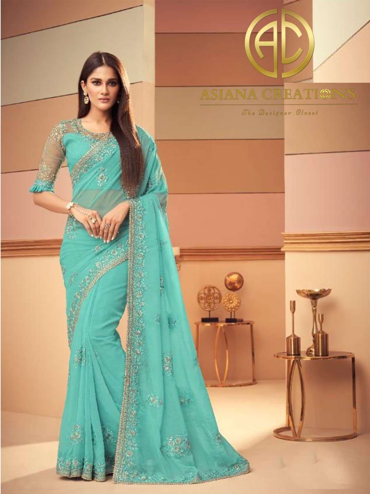 Glass Silk Blue Embroidered Party Wear Saree-2403