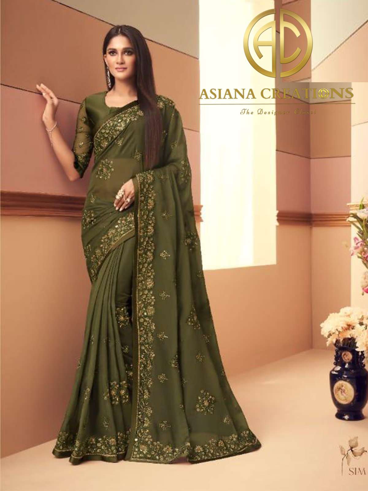 Glass Silk Olive Green Embroidered Party Wear Saree-2404