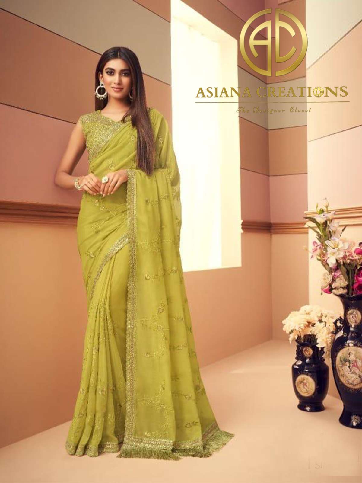 Glass Silk Yellow Embroidered Party Wear Saree-2405