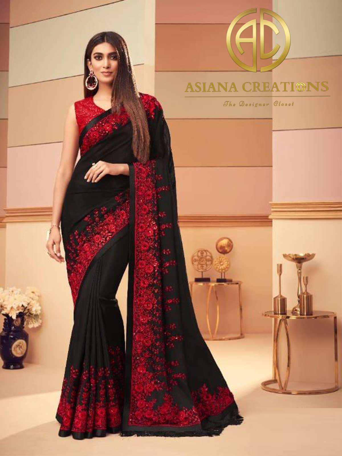 Glass Silk Black Embroidered Party Wear Saree-2406