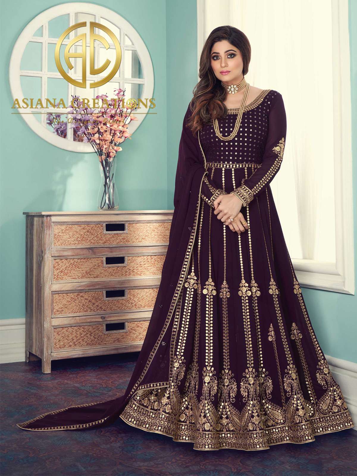 Shamita Shetty in Georgette Violet Wedding Anarkali Suit-2437