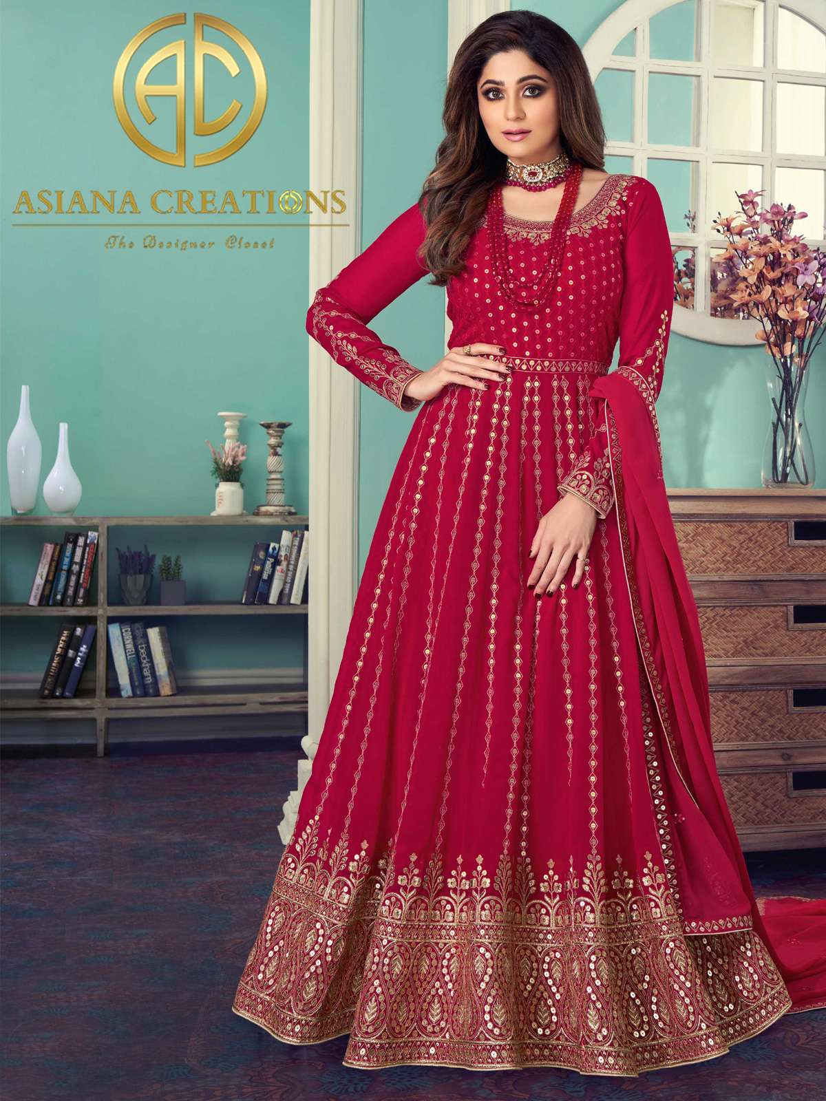 Shamita Shetty in Georgette Pink Wedding Anarkali Suit-2438