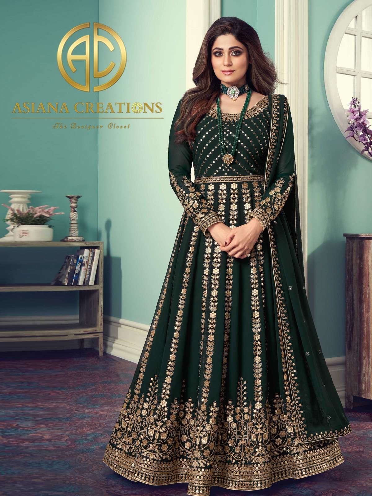 Shamita Shetty in Georgette Dark Green Wedding Anarkali Suit-2440
