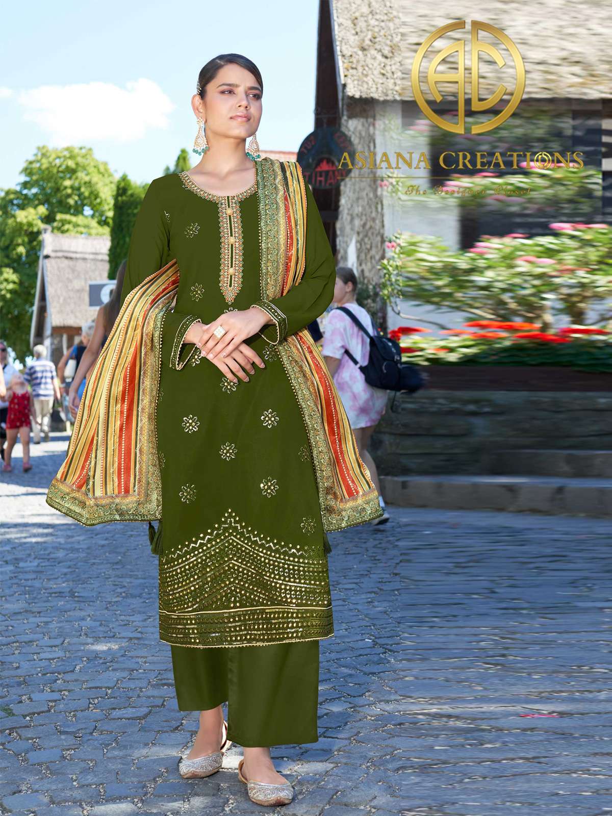 Georgette Embroidered Festive Wear Olive Green Palazzo Suits-2490