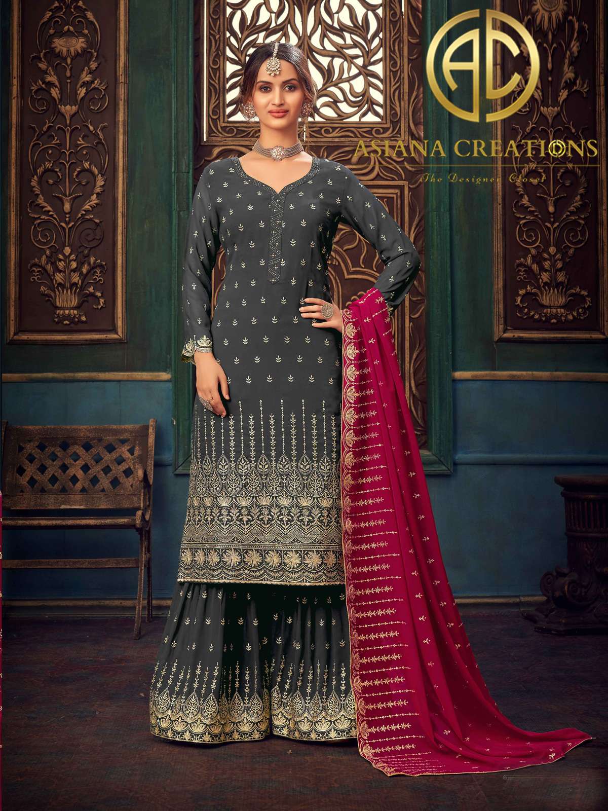 Georgette Embroidered Wedding Wear Grey Palazzo Suits-2492
