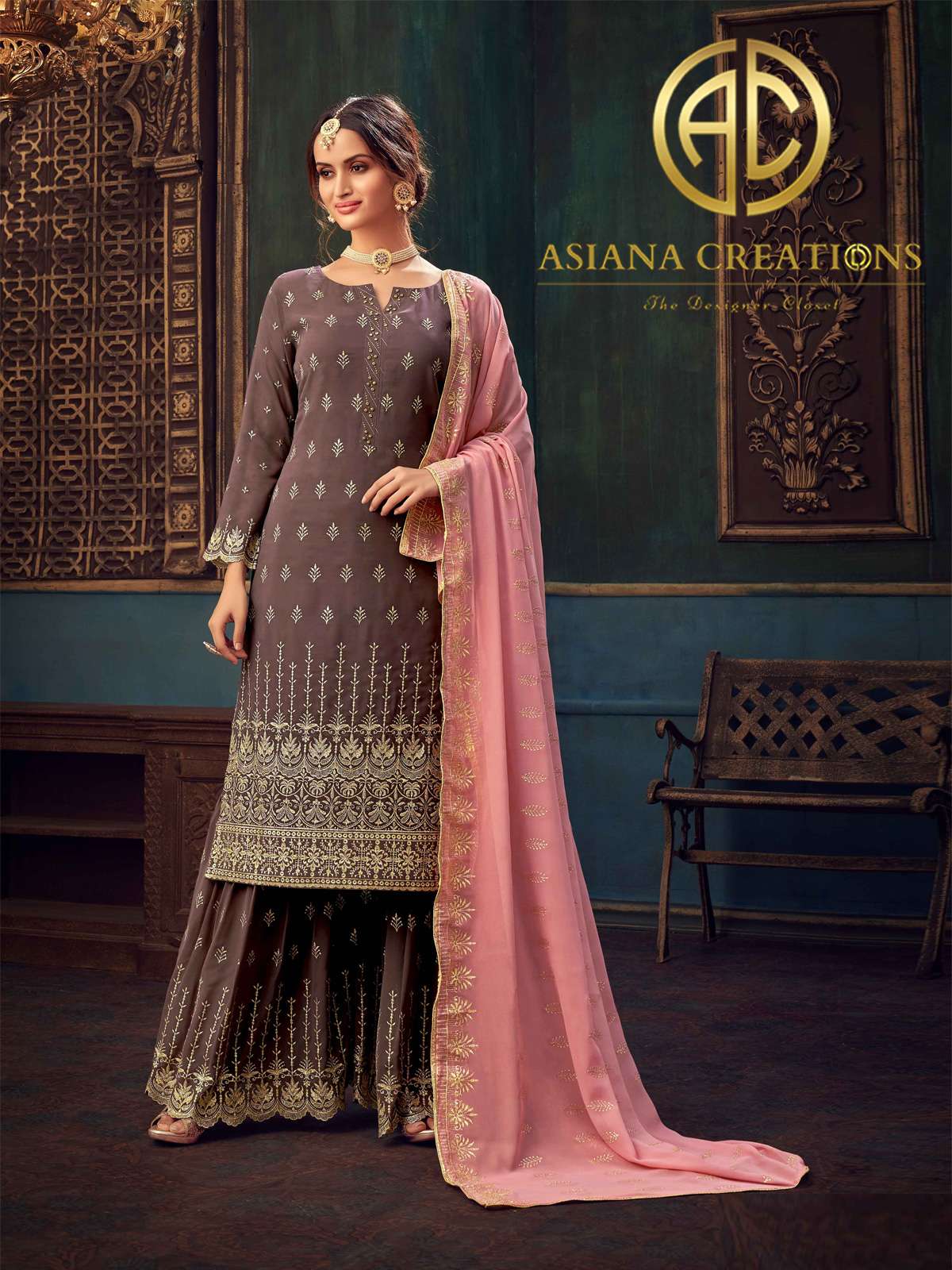 Georgette Embroidered Wedding Wear Mauve Palazzo Suits-2495