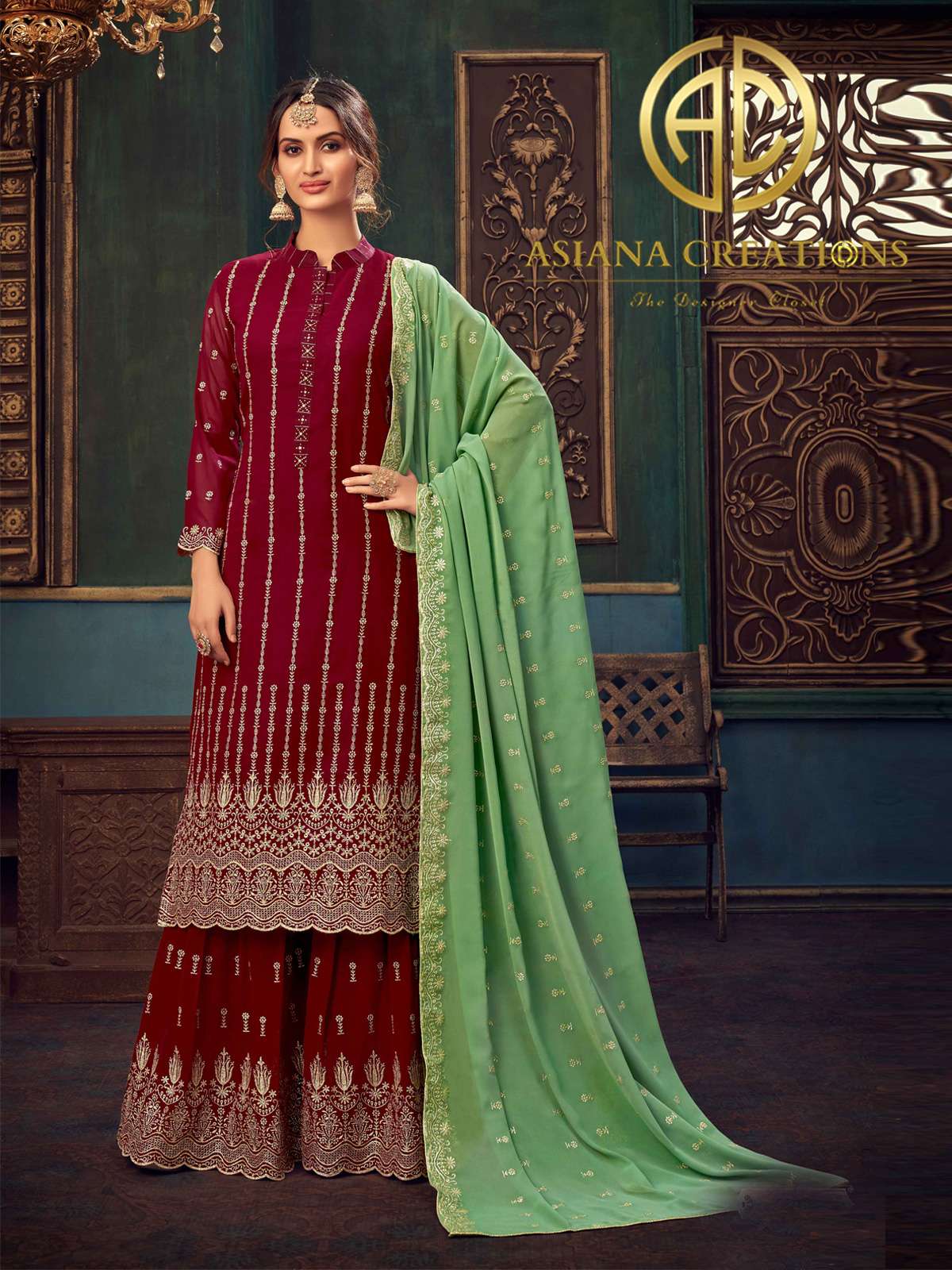 Georgette Embroidered Wedding Wear Maroon Palazzo Suits-2497