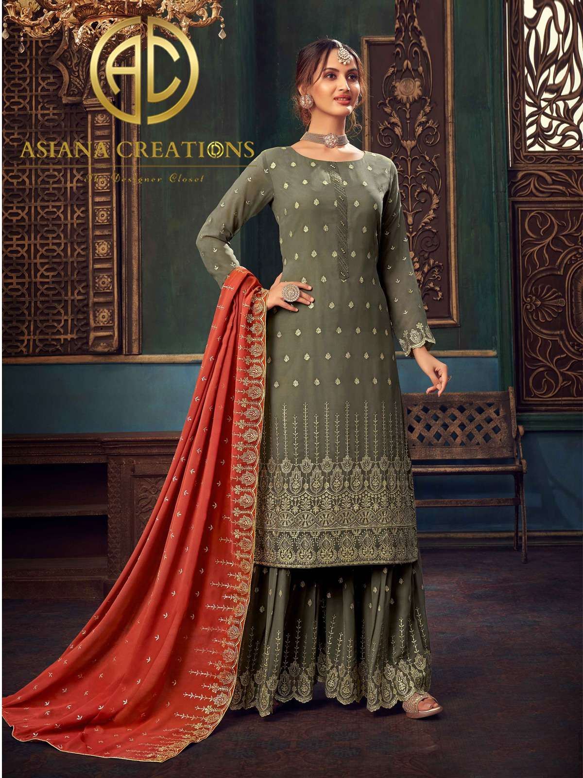 Georgette Embroidered Wedding Wear Olive Green Palazzo Suits-2498
