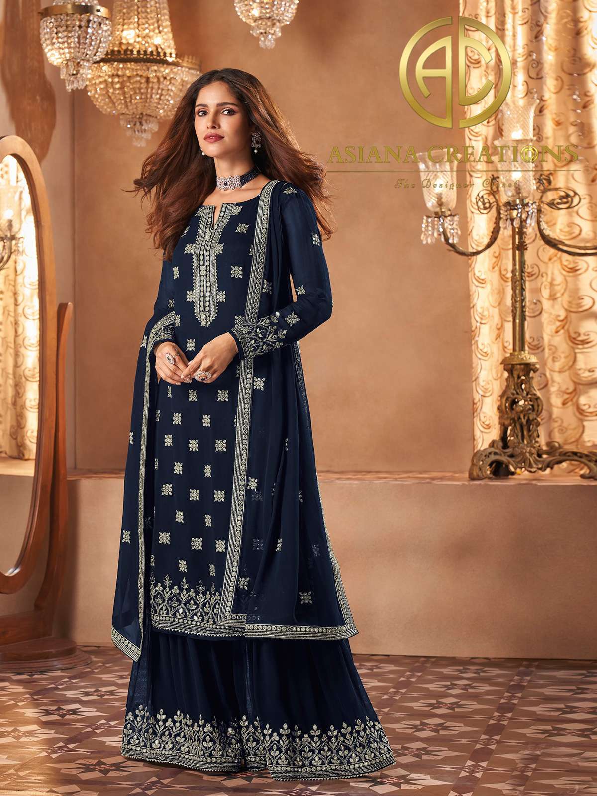Georgette Embroidered Wedding Wear Navy Blue Palazzo Suits-2499