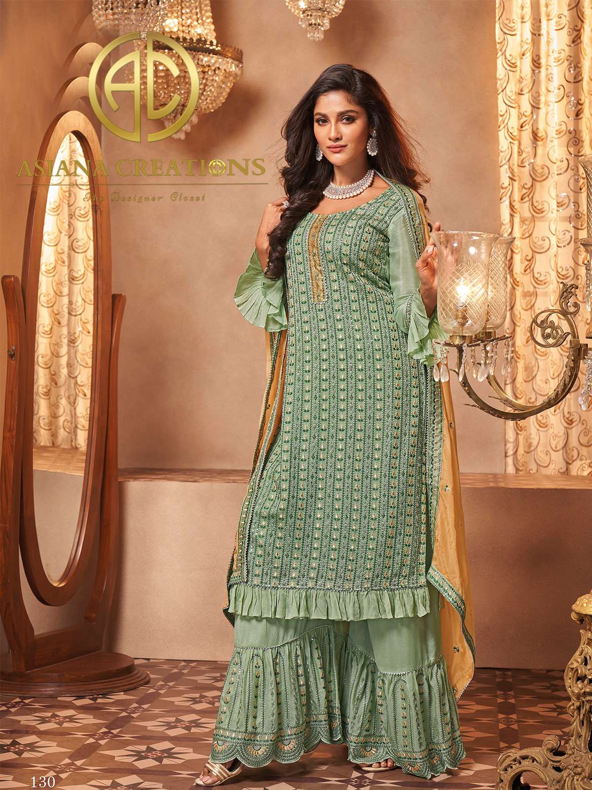 Georgette Embroidered Wedding Wear Green Palazzo Suits-2500