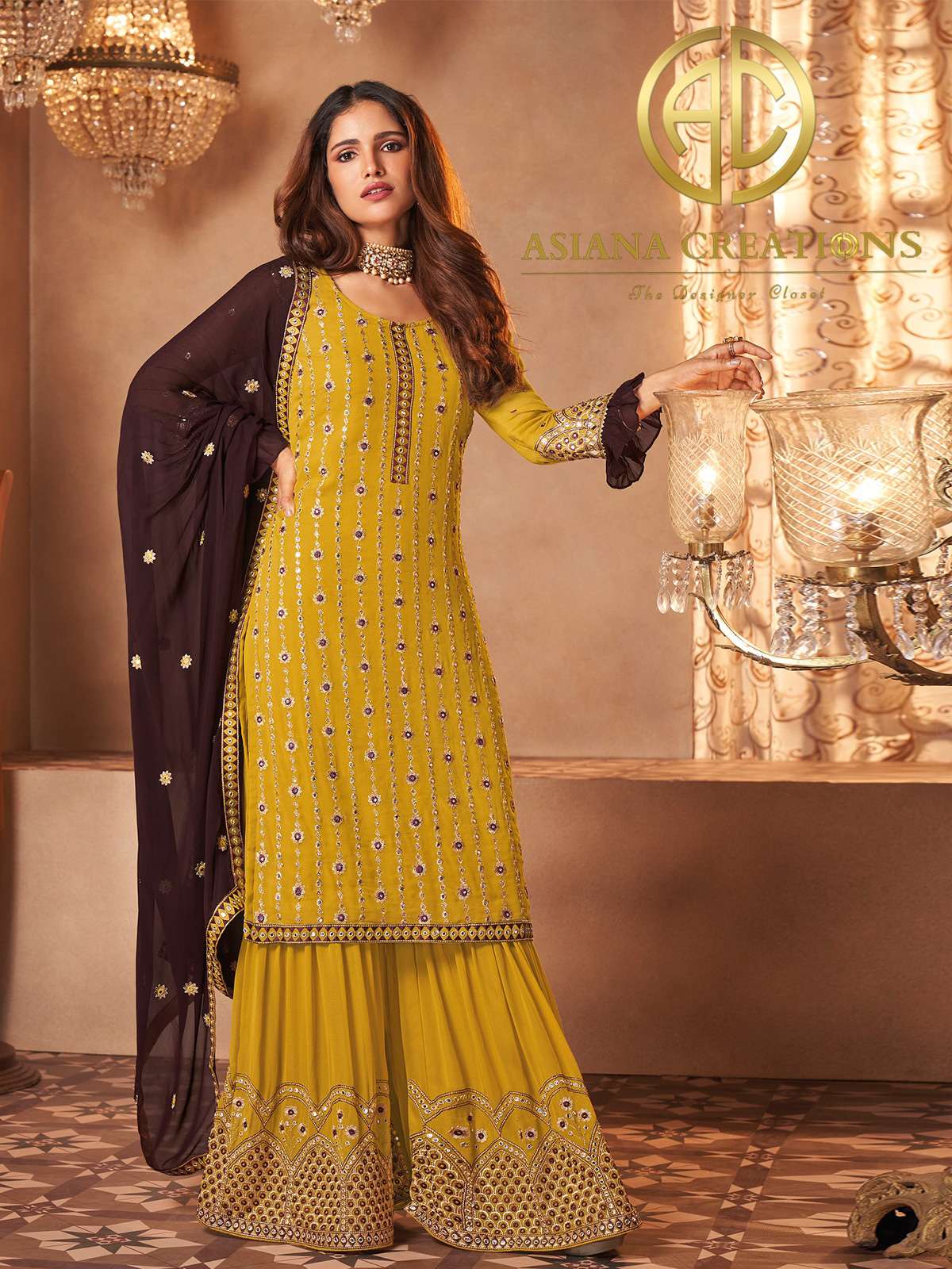 Georgette Embroidered Wedding Wear Yellow Palazzo Suits-2501