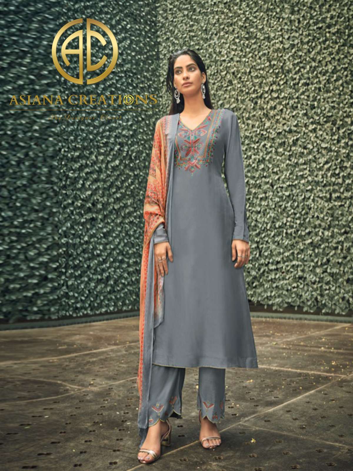 Viscose Grey Embroidered Festive Wear Salwar Suit-2533