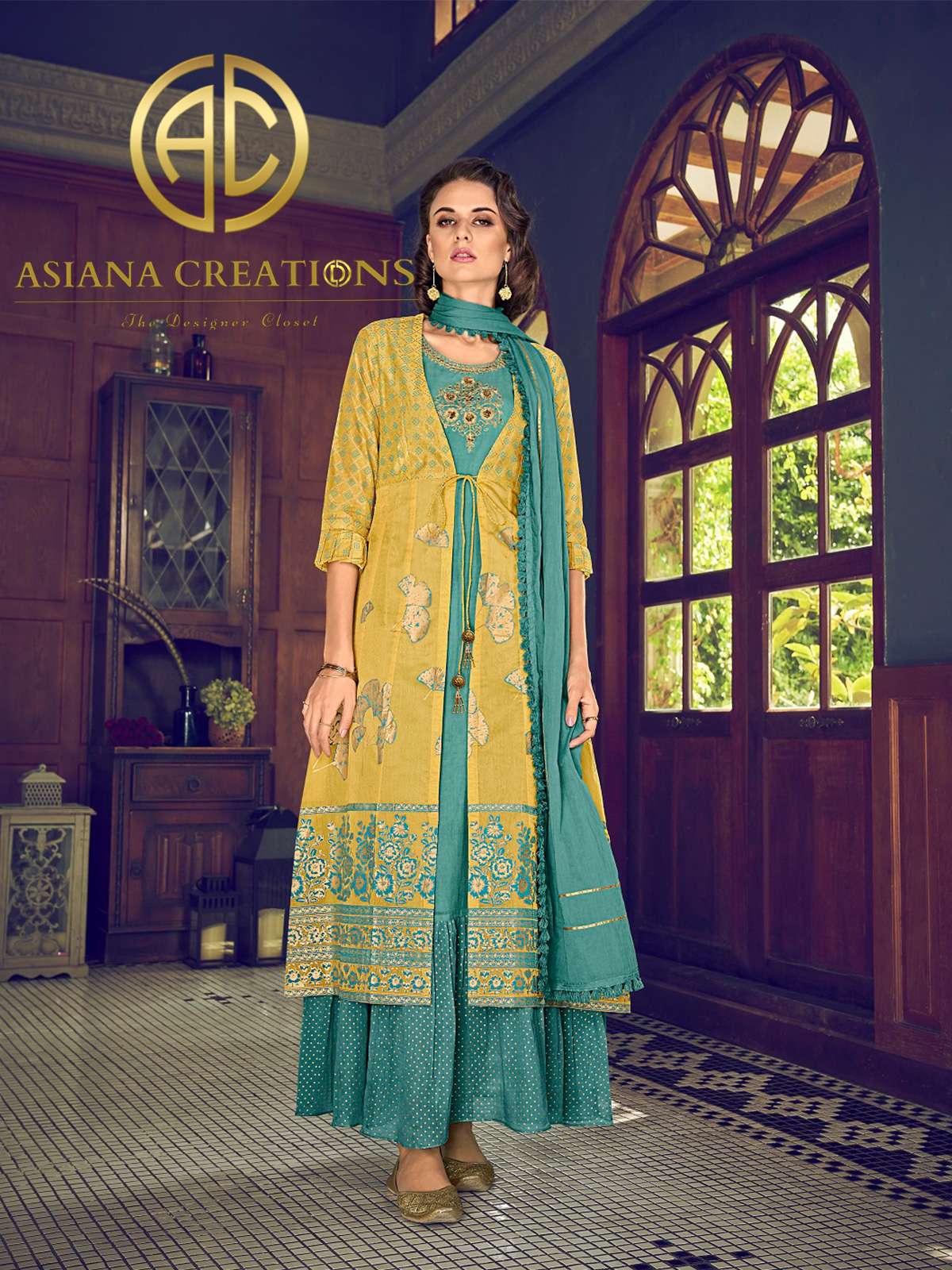 Art Silk Blue Embroidered Printed Gown with Jacket-2537