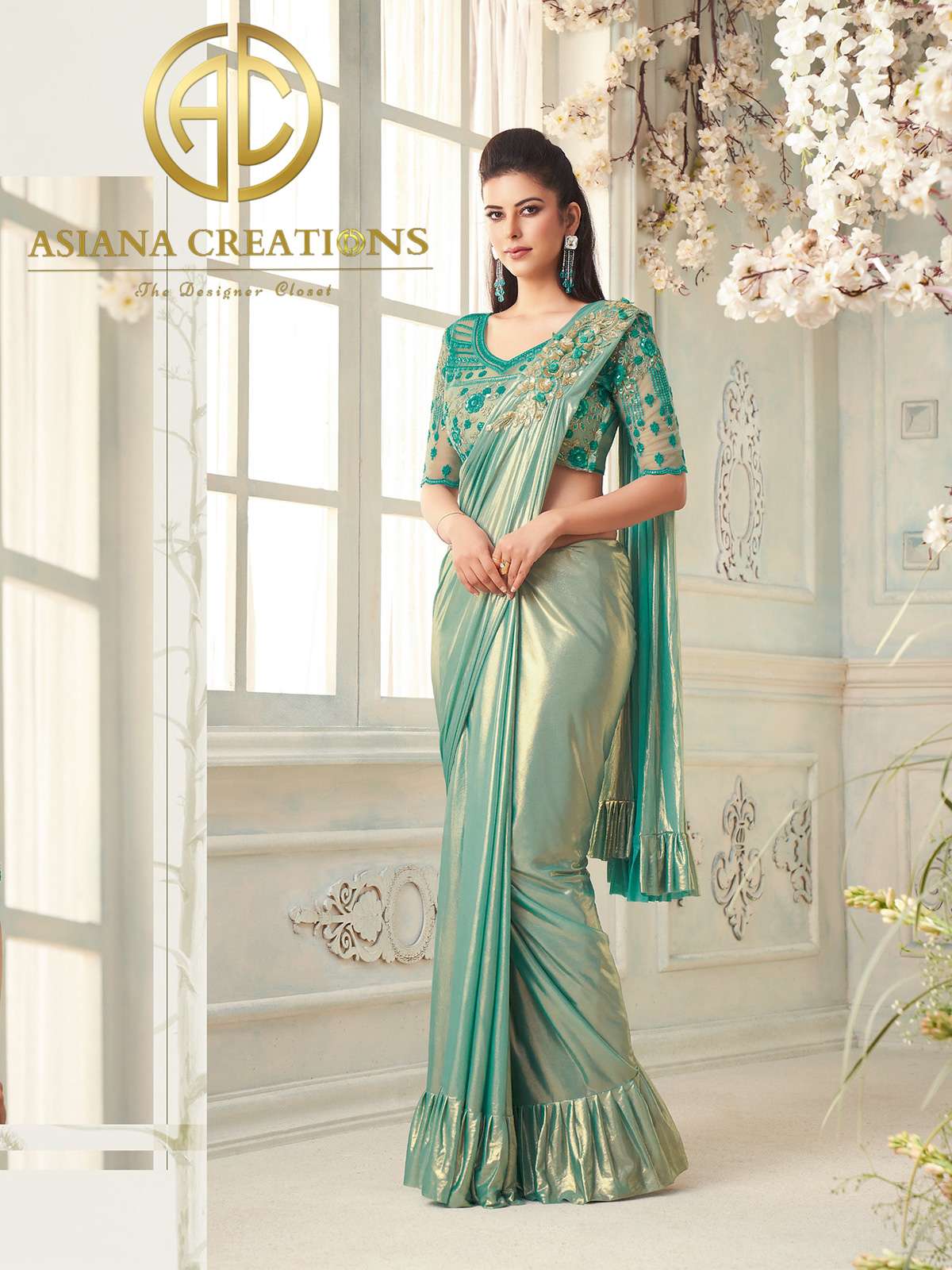 Art Silk Green Designer Party Wear Pre-Stitched Pallu Saree-2550