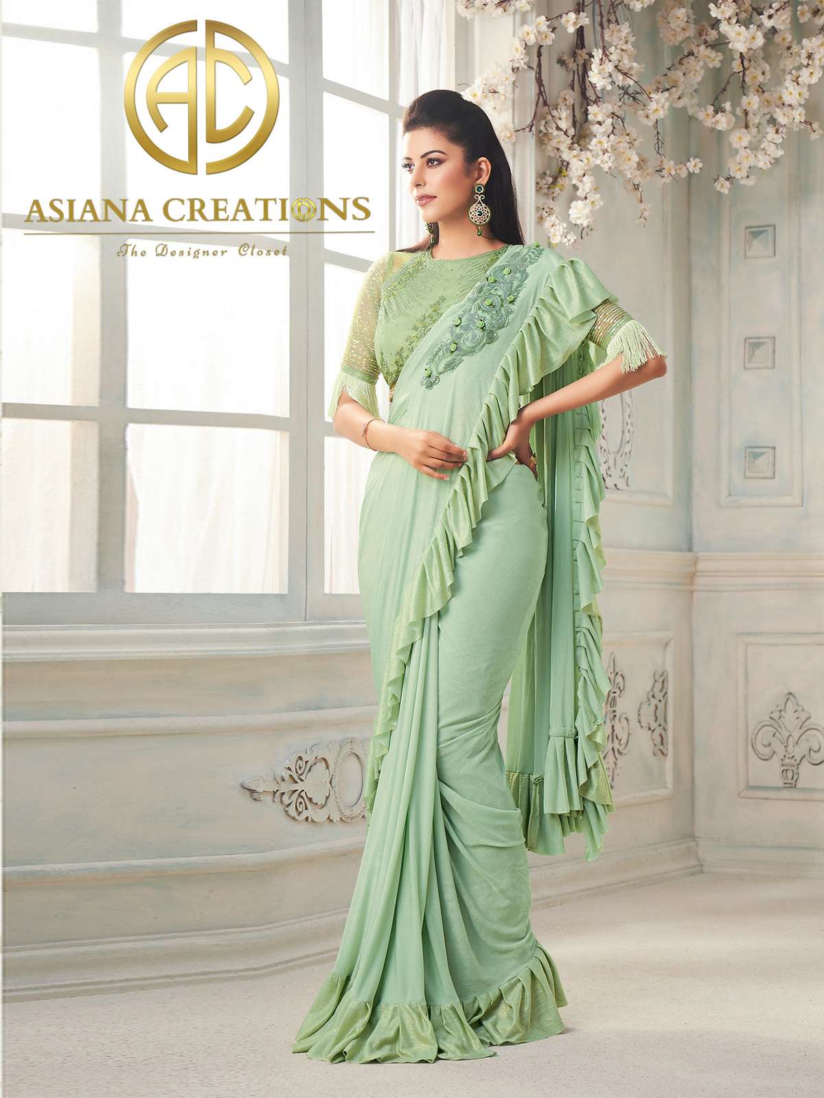 Art Silk Green Designer Party Wear Pre-Stitched Pallu Saree-2556
