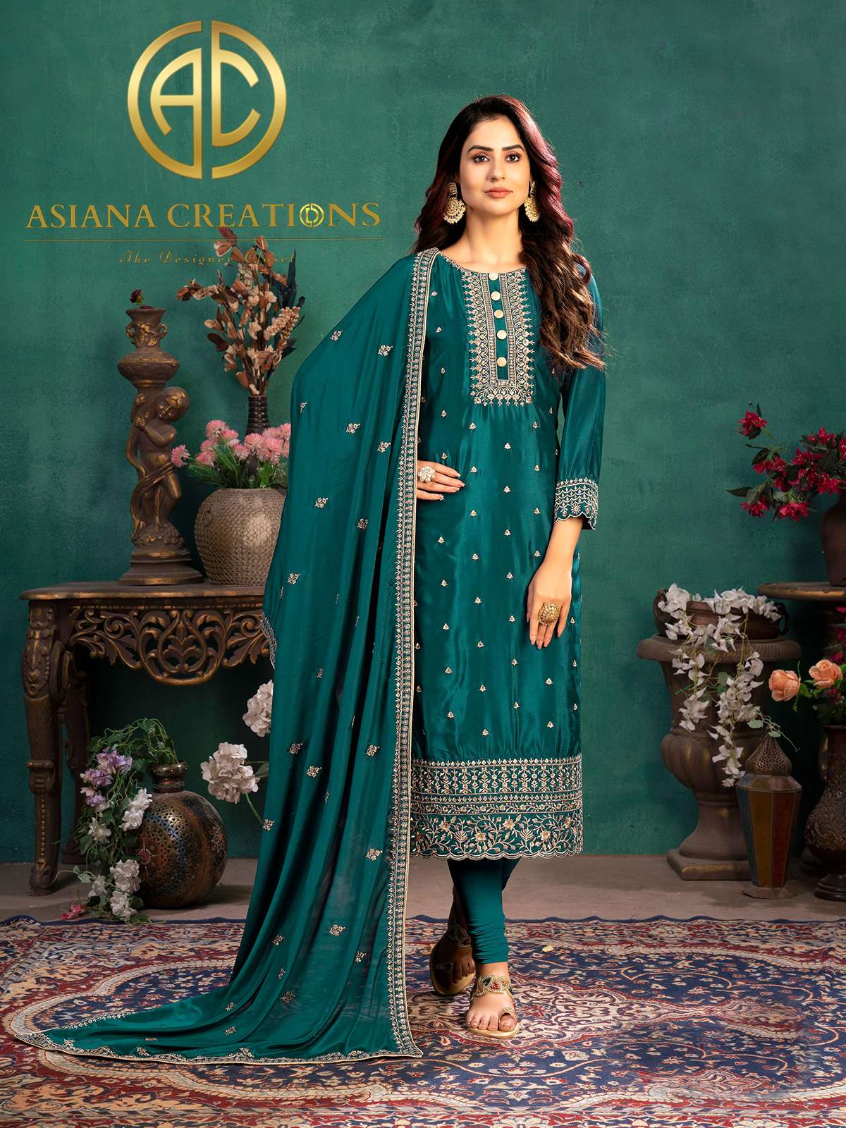 Art Silk Teal Blue Embroidered Wedding Wear Salwar Suit-2557