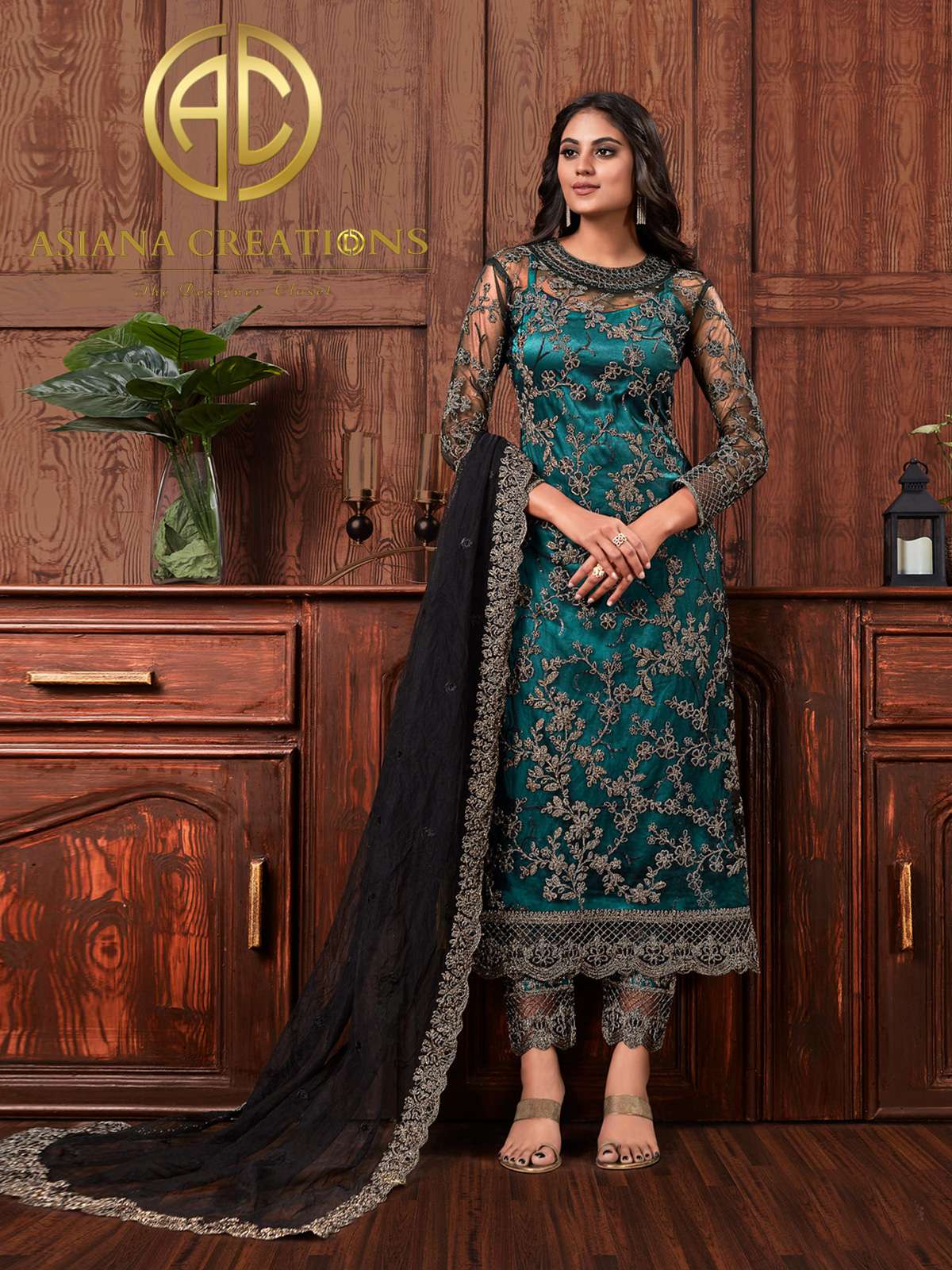 Net Embroidered Party Wear Teal Blue Salwar Suits-2561