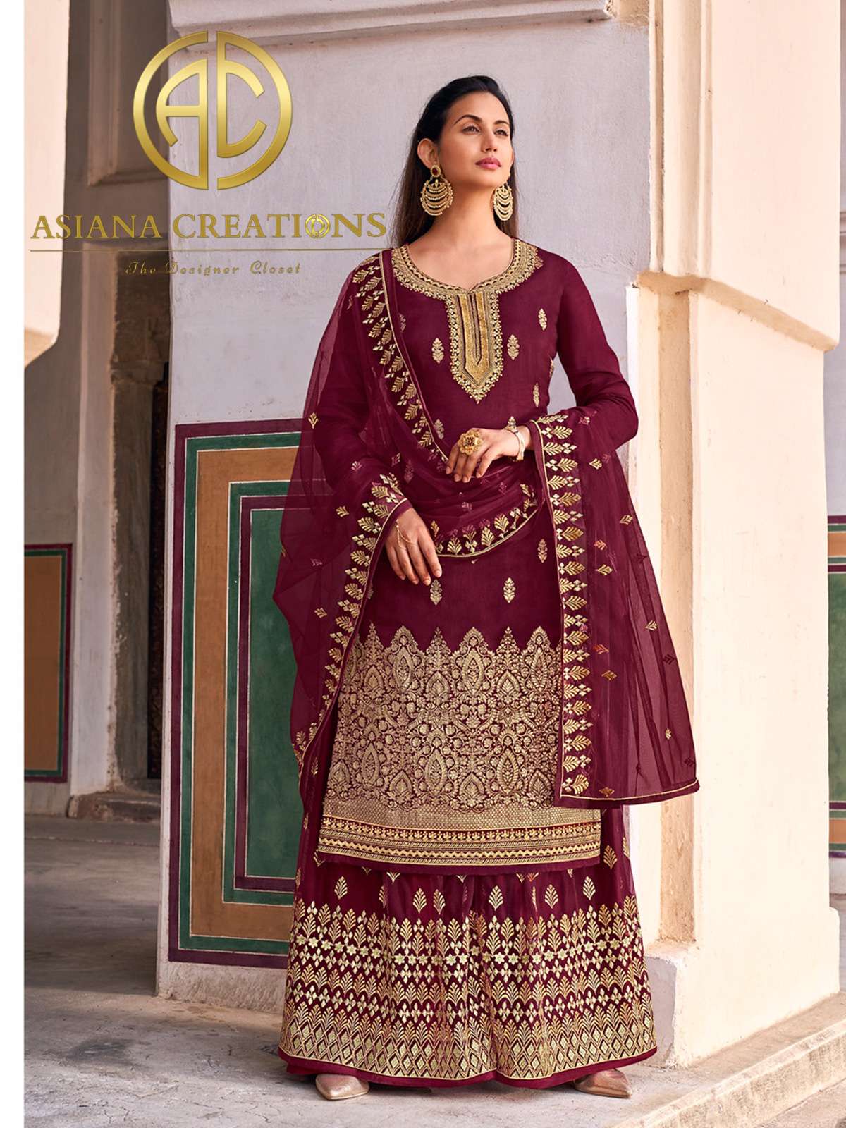 Jacquard Silk Maroon Woven Wedding Wear Palazzo Suit-2587