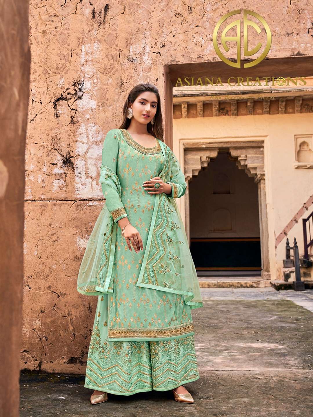 Jacquard Silk Green Woven Wedding Wear Palazzo Suit-2590
