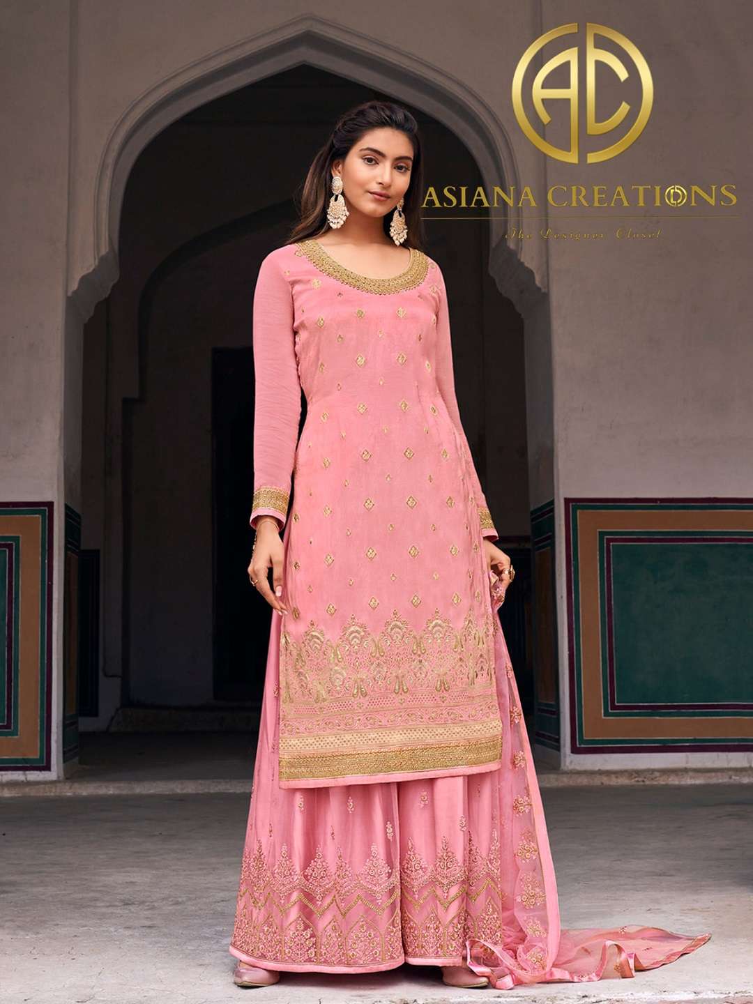 Jacquard Silk Pink Woven Wedding Wear Palazzo Suit-2591