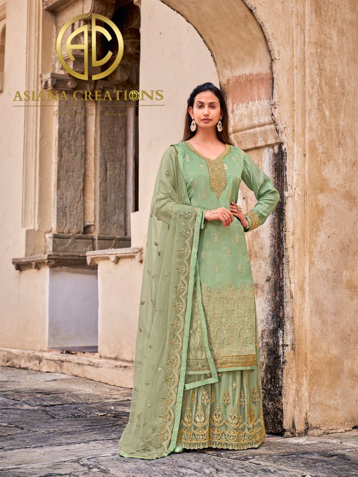 Jacquard Silk Green Woven Wedding Wear Palazzo Suit-2592