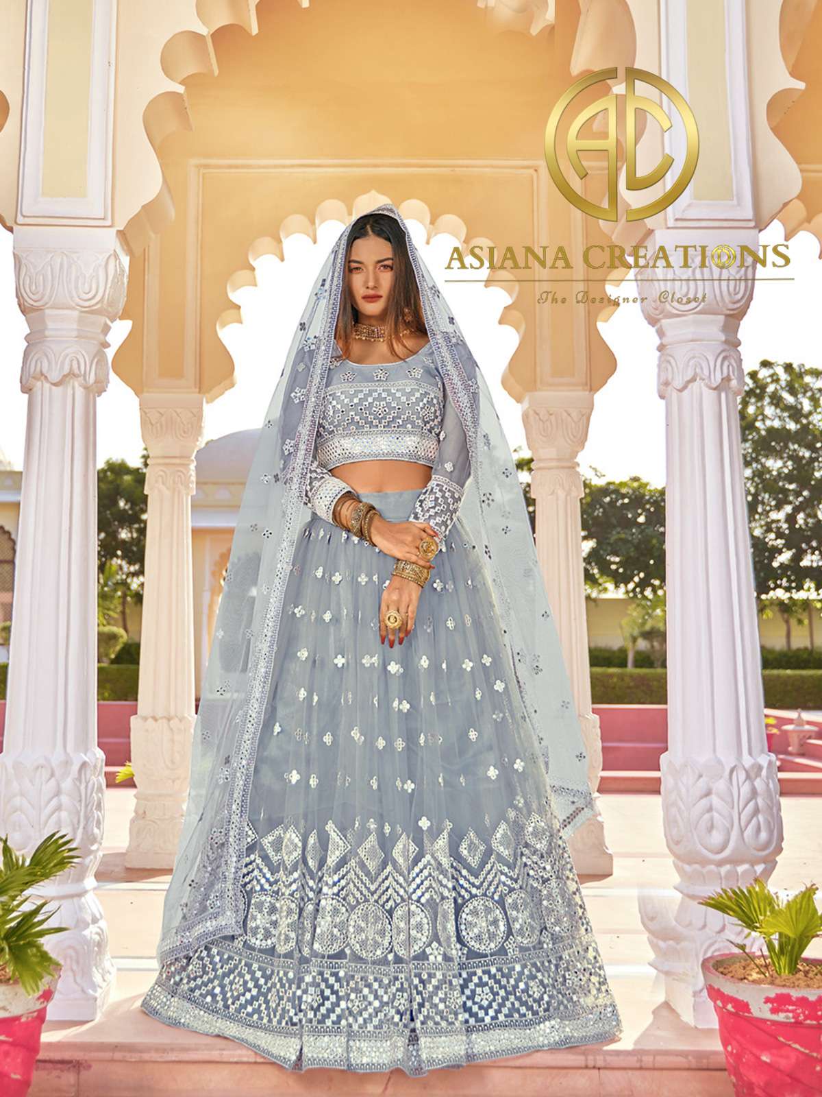 Net Thread Embroidered Reception Wear Blue Bridesmaid Lehenga-2593