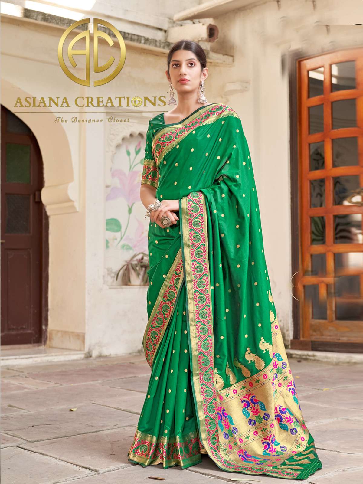 Paithani Style Art Silk Traditional Wedding Green Saree-2604