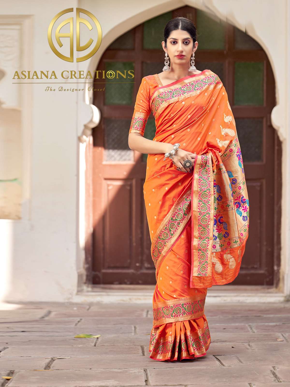 Paithani Style Art Silk Traditional Wedding Orange Saree-2607