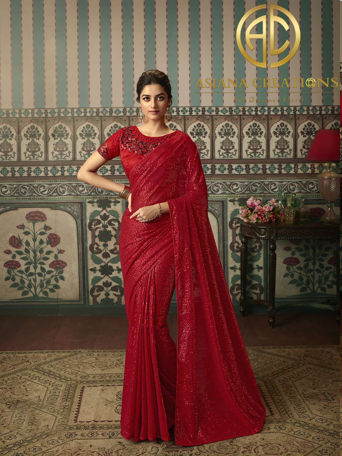 Georgette Sequins Worked Red Party Wear Saree-2621