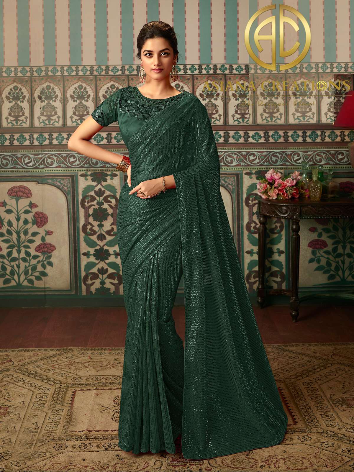 Georgette Sequins Worked Green Party Wear Saree-2623
