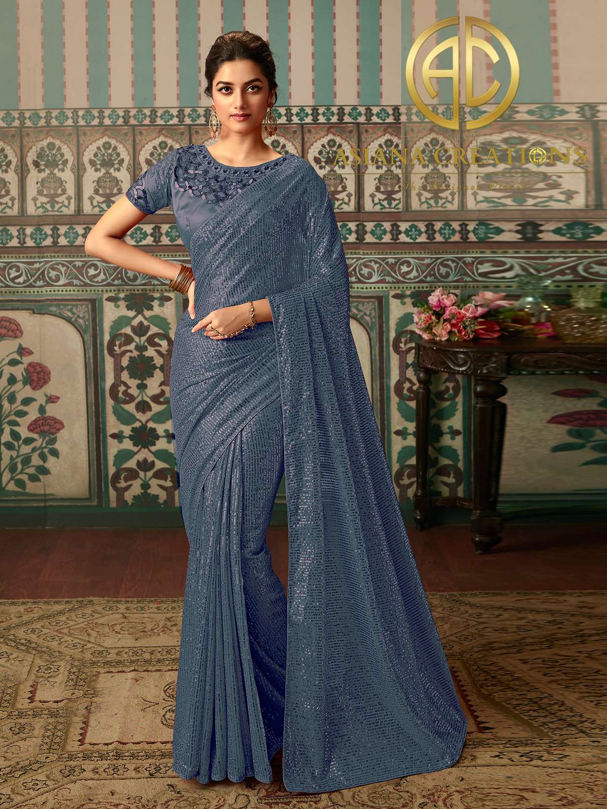 Georgette Sequins Worked Blue Party Wear Saree-2627