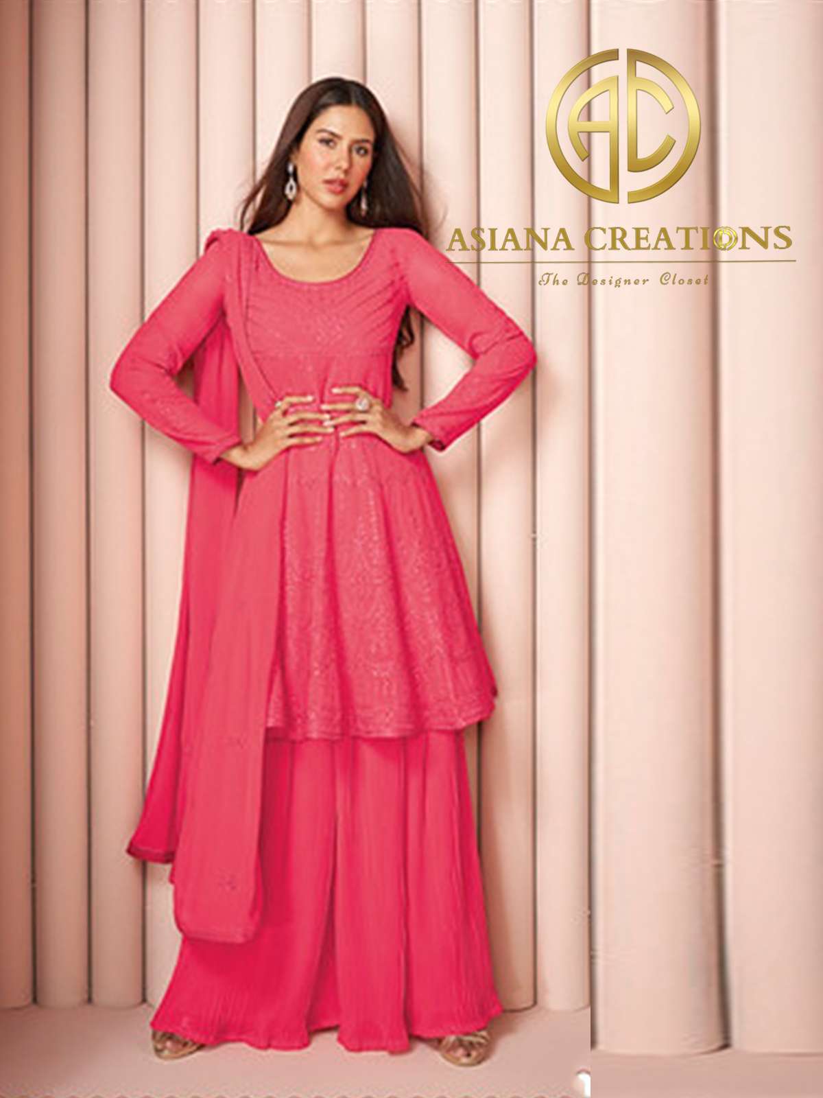 Georgette Embroidered Pink Party Wear Peplum Style Palazzo Suit-2610