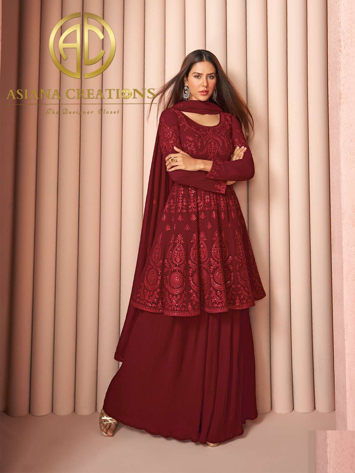 Georgette Embroidered Maroon Party Wear Peplum Style Palazzo Suit-2613