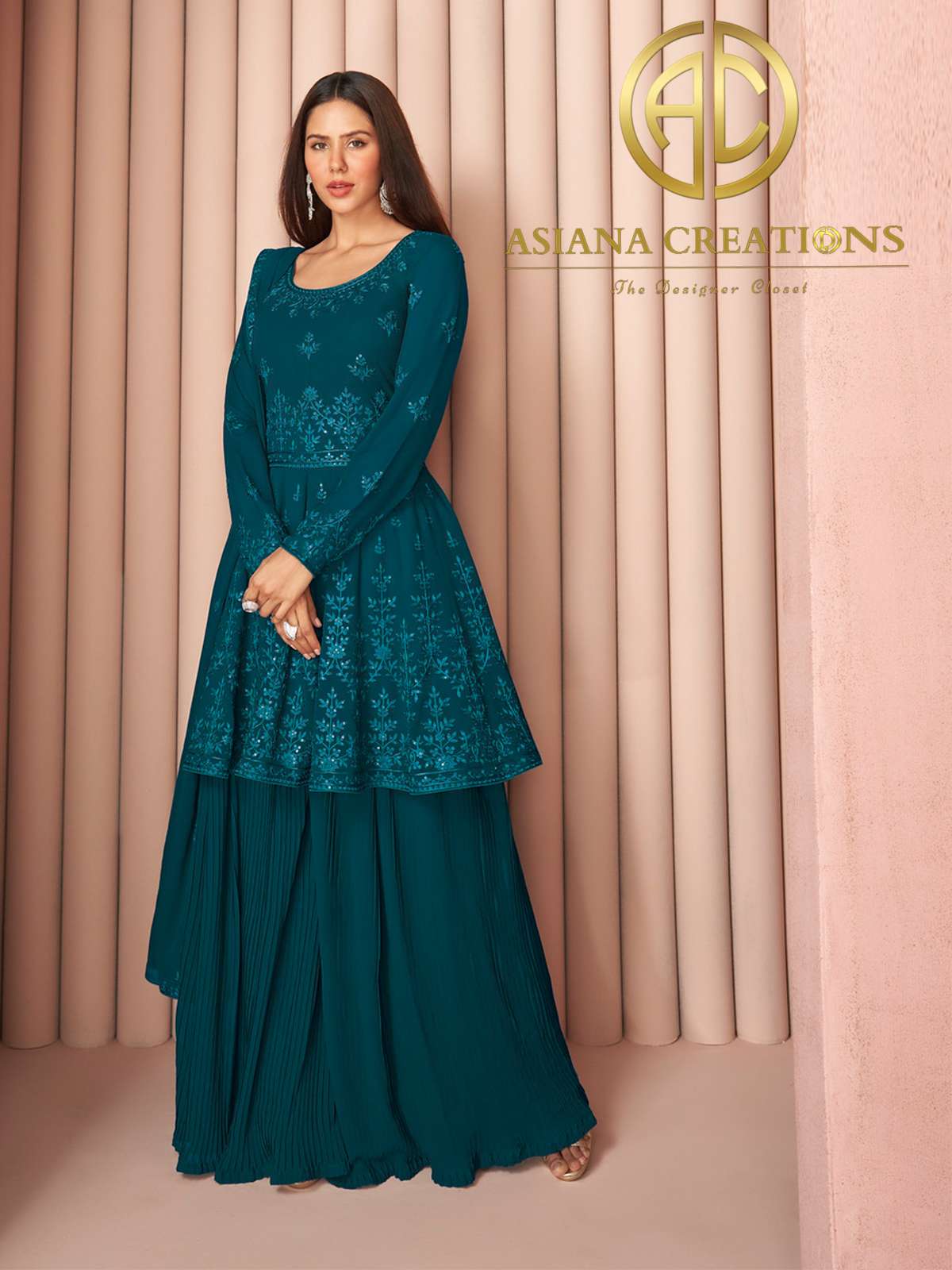 Georgette Embroidered Teal Blue Party Wear Peplum Style Palazzo Suit-2614