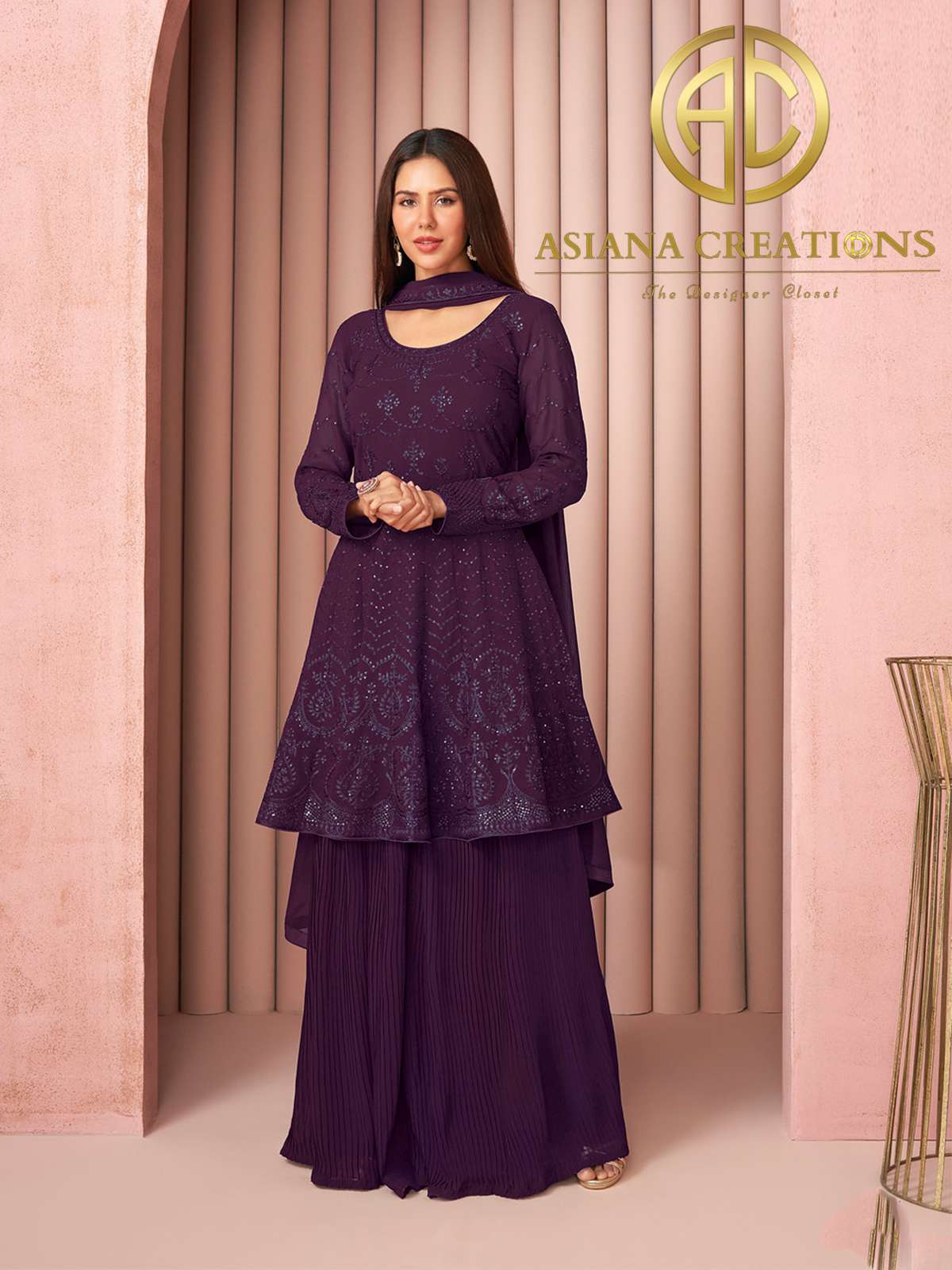 Georgette Embroidered Purple Party Wear Peplum Style Palazzo Suit-2615