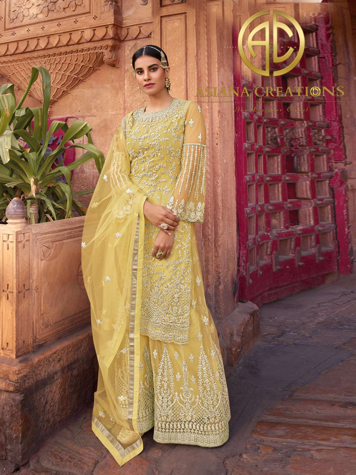 Net Peplum Style Yellow Embroidered Party Wear Palazzo Suits-2619