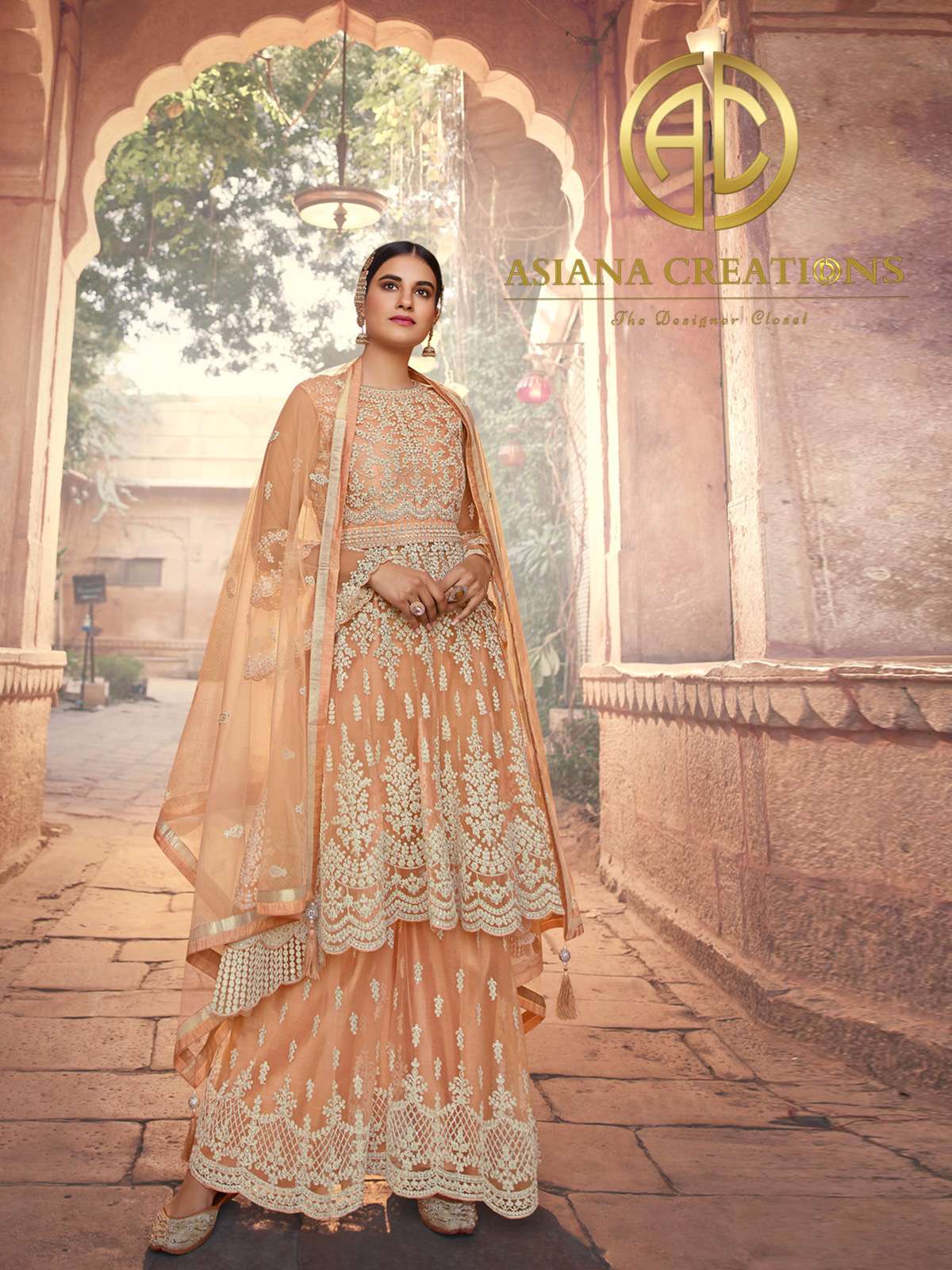 Net Peplum Style Peach Embroidered Party Wear Palazzo Suits-2620