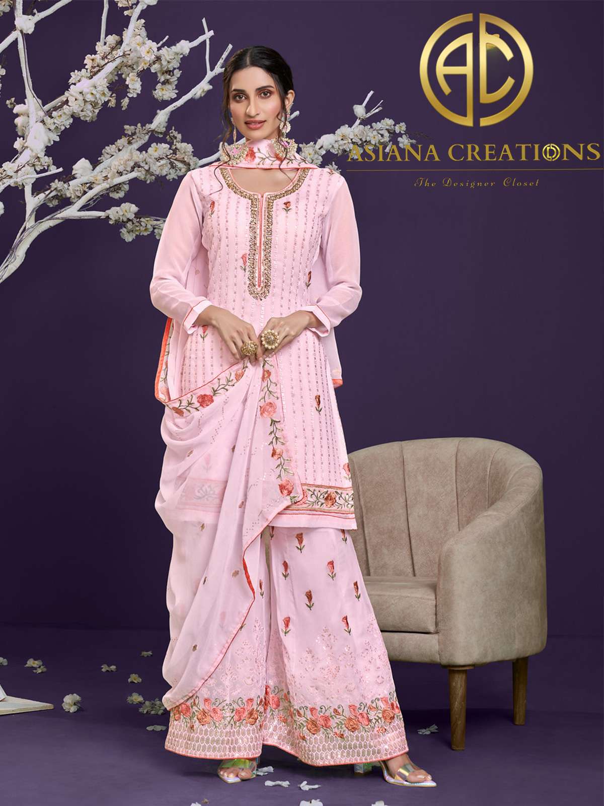 Georgette Thread Worked Pink Festive Wear Palazzo Suit-2667
