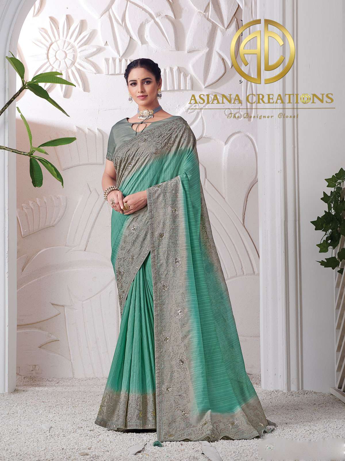 Viscose Silk Green Designer Embroidered Wedding Wear Saree-2687