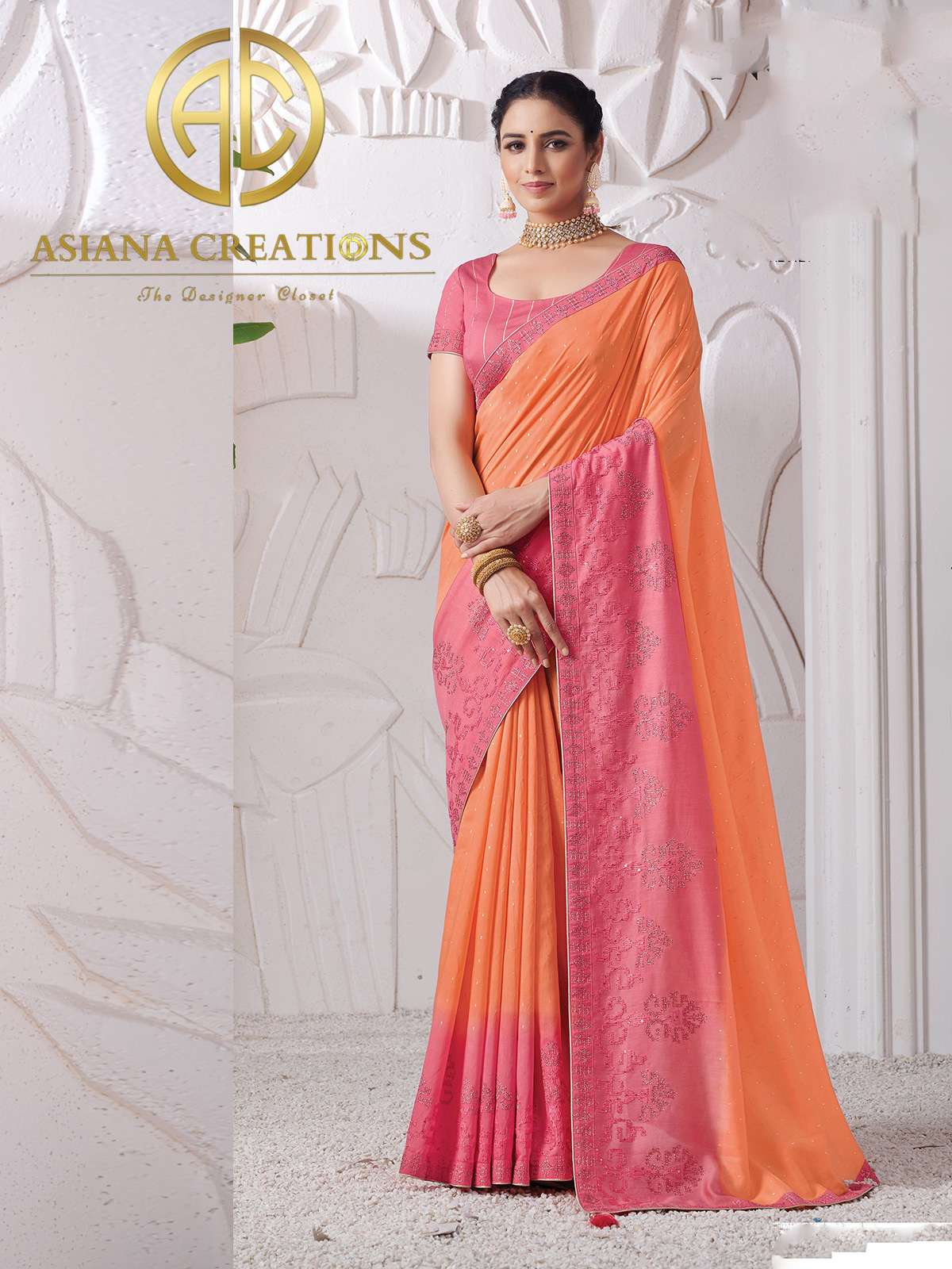 Viscose Silk Orange Designer Embroidered Wedding Wear Saree-2689