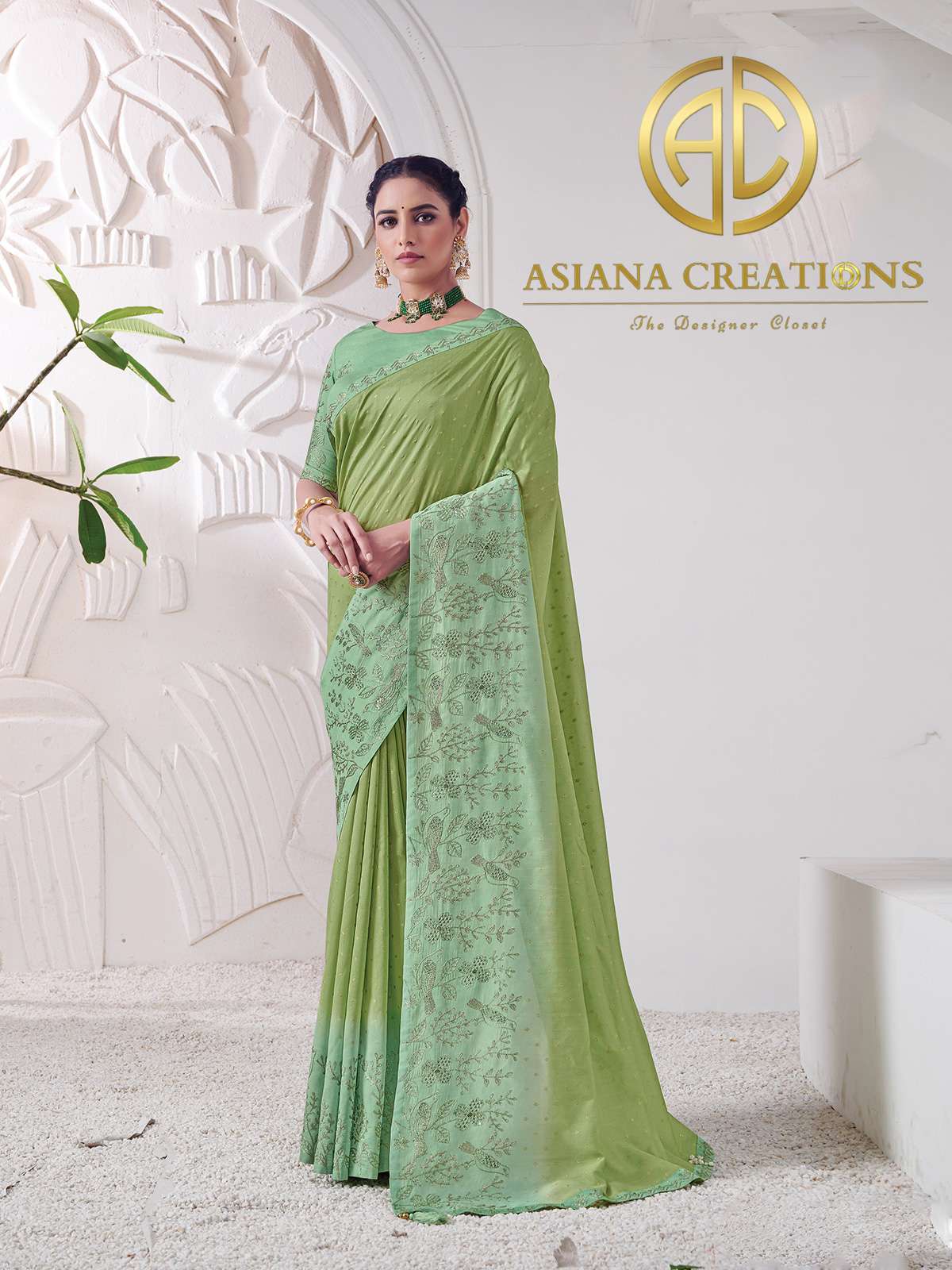 Viscose Silk Green Designer Embroidered Wedding Wear Saree-2691