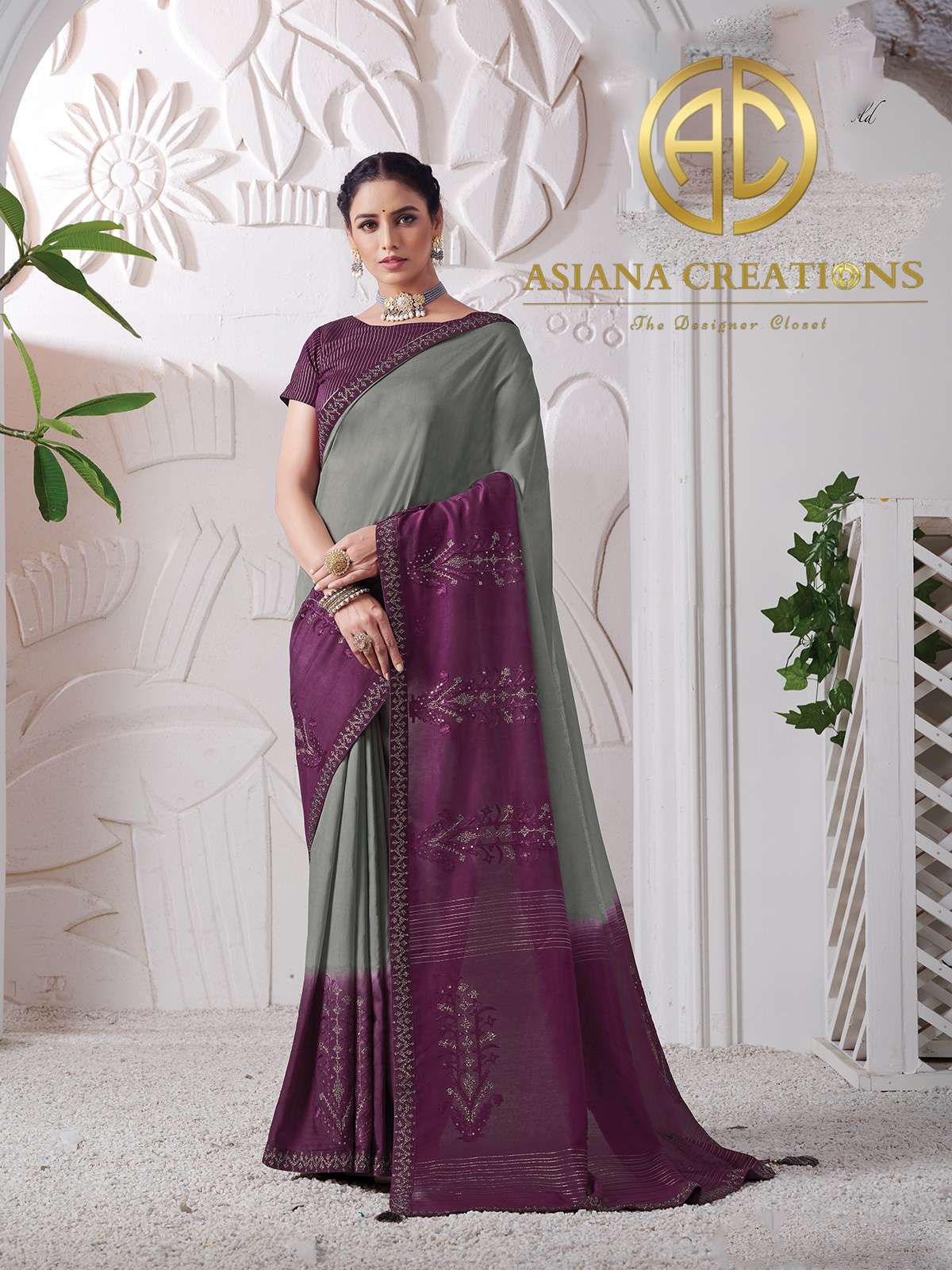 Viscose Silk Grey Designer Embroidered Wedding Wear Saree-2693