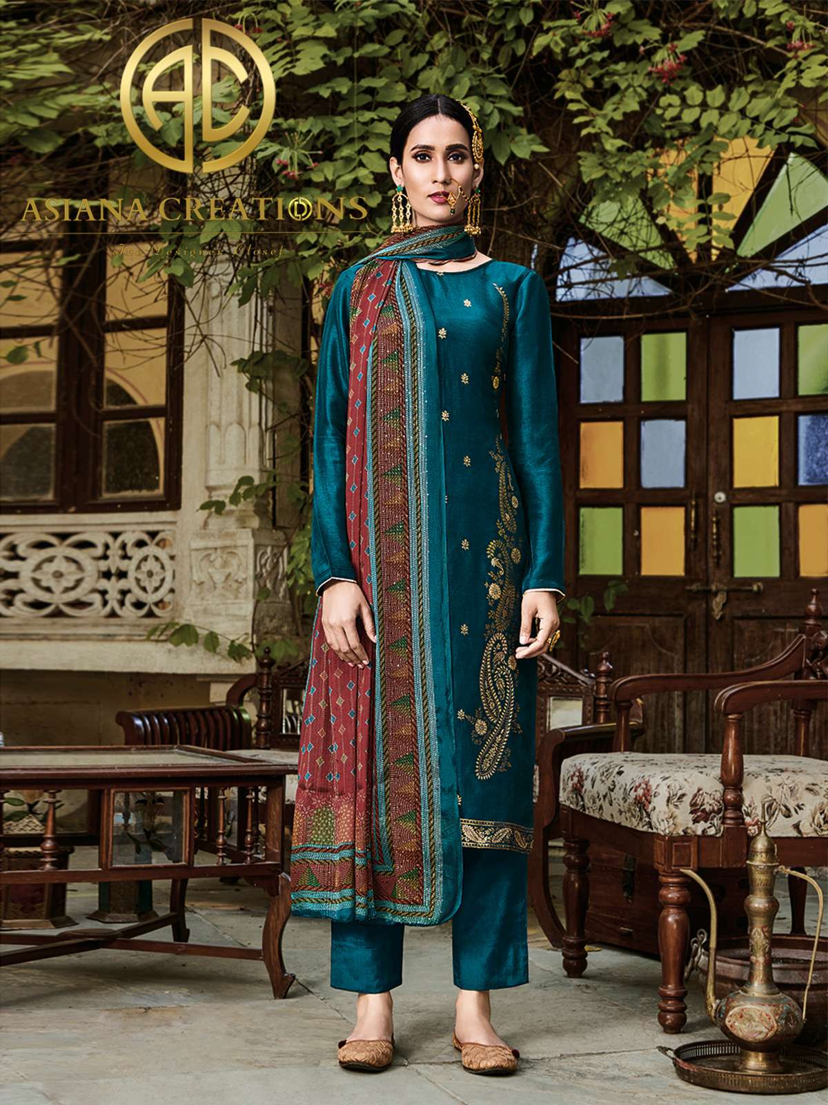 Art Silk Embroidered Teal Blue Wedding Wear Salwar Suit-2722