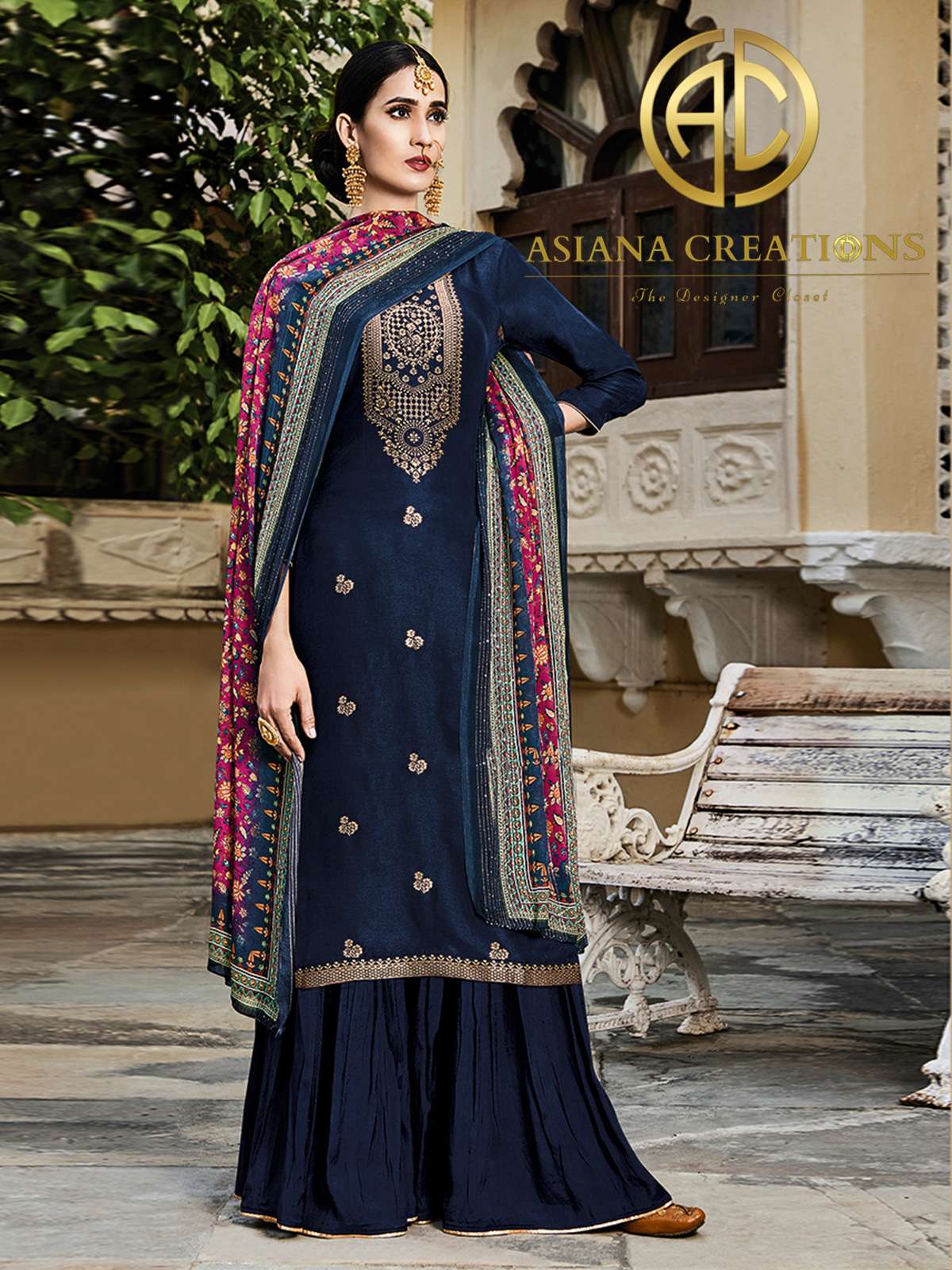 Art Silk Embroidered Navy Blue Wedding Wear Salwar Suit-2726