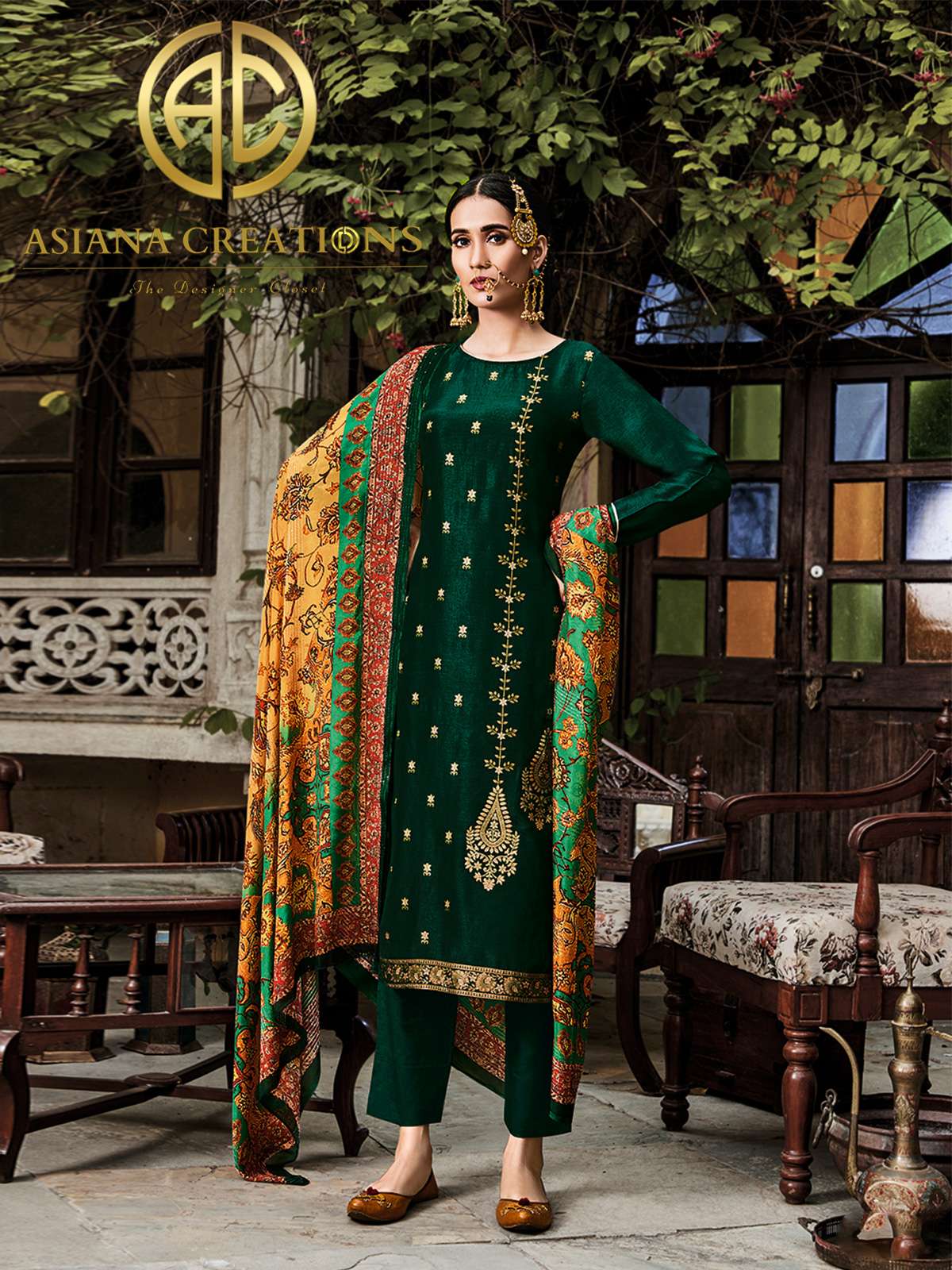 Art Silk Embroidered Dark Green Wedding Wear Salwar Suit-2728