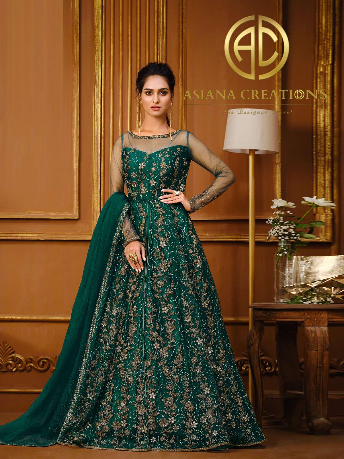 Net Embroidered Party Wear Teal Green Lehenga-2736
